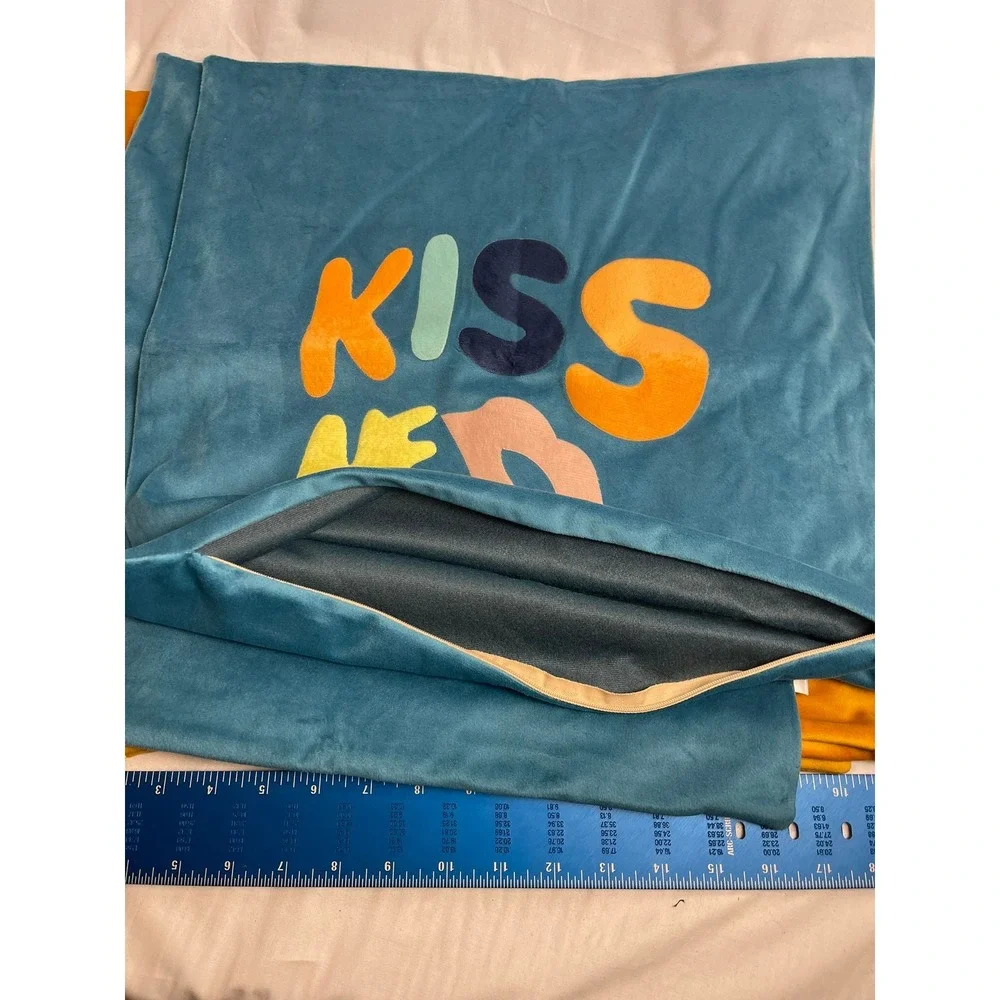 Set of 4 Kiss Me Velvet Throw Pillow Covers Teal Blue Mustard Yellow 17x17 Retro